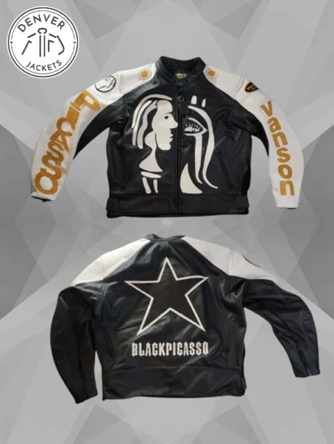 BLACK PICASSO X VANSON LEATHER JACKET WHITE, BLACK and GOLD