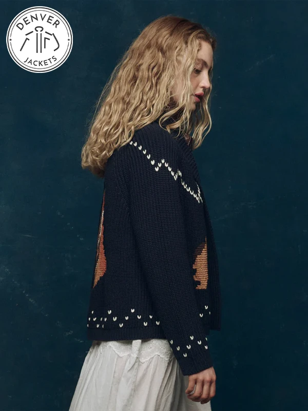 Horse and sailboat pattern Navy cardigan sweater