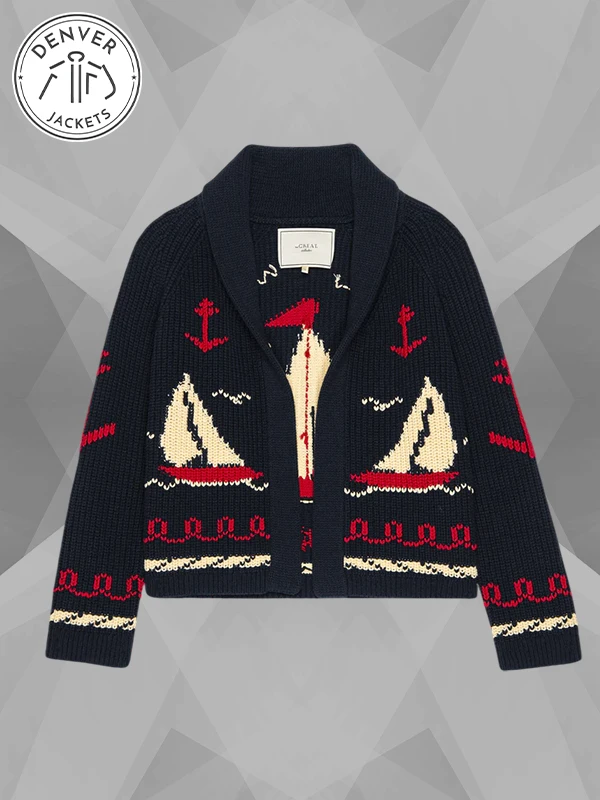 navy and Red sailboat pattern cardigan