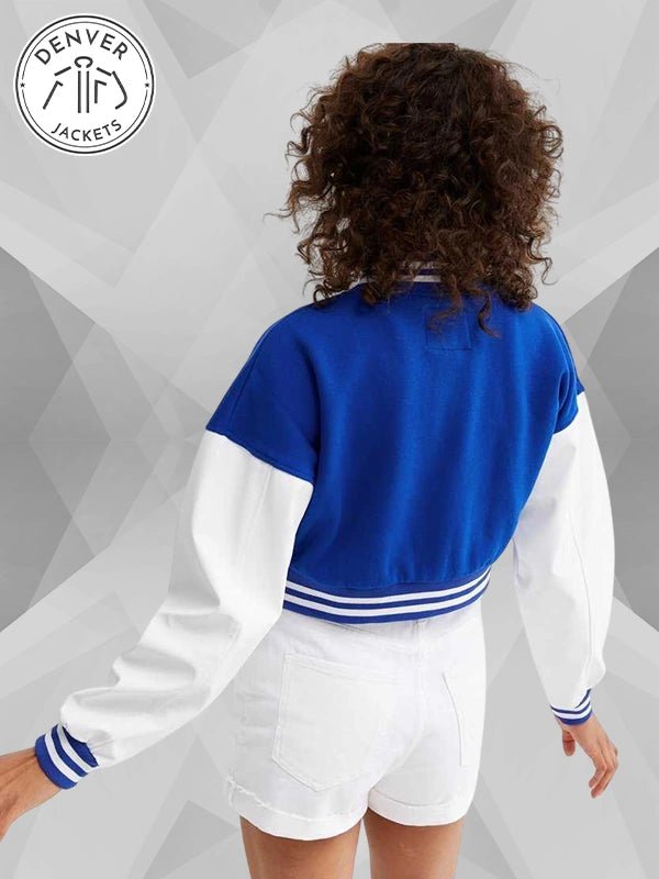 Above and Beyond Blue and White Crop Varsity Bomber Jacket