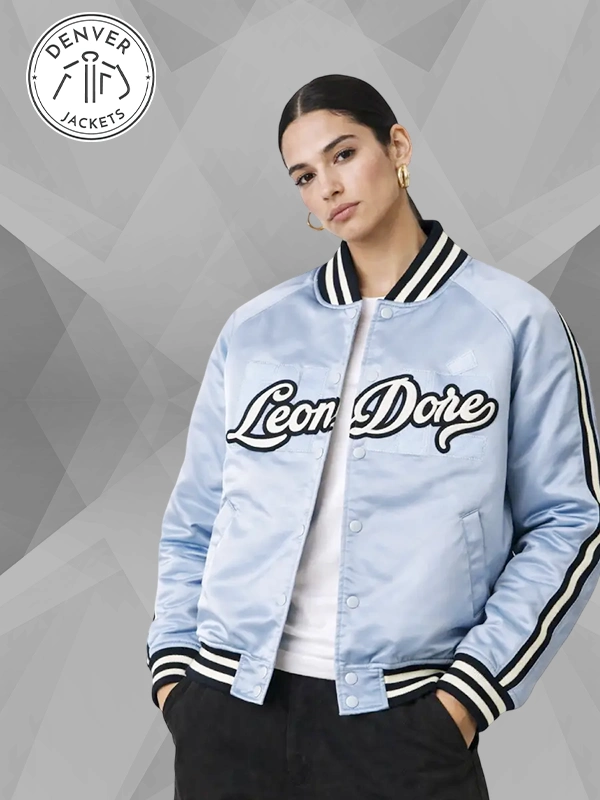 Aime Leon Dore Overlay Logo Satin Varsity Jacket Light Blue