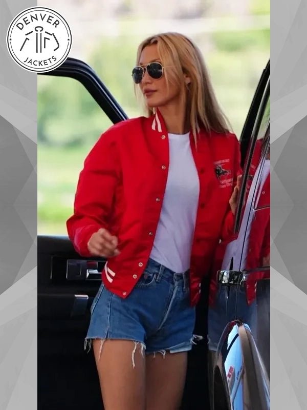 Bella Hadid Red Varsity Bomber Jacket