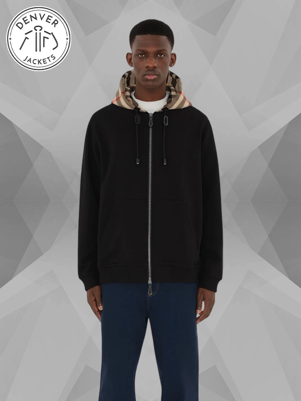 Burberry Check Hood Cotton Zip Hoodie Black