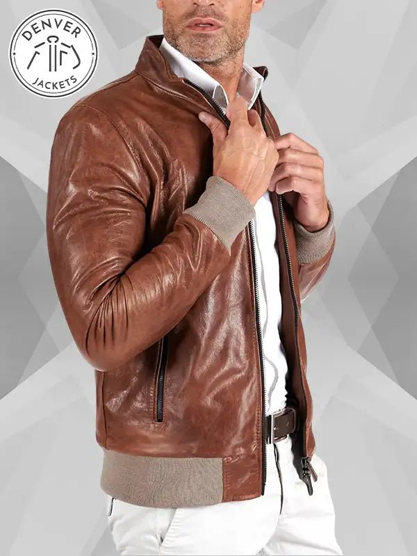 D arienzo Tan Brown Leather Bomber Jacket
