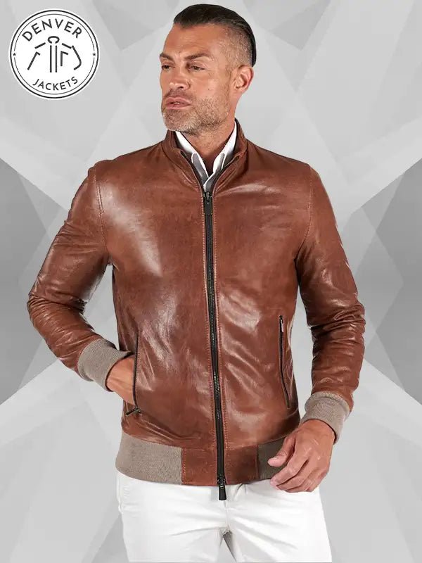 D arienzo Tan Leather Bomber Jacket Mens