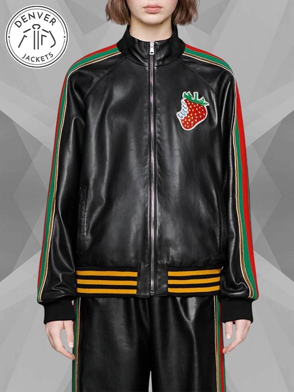 Gucci Strawberry Patch Black Leather Track Jacket