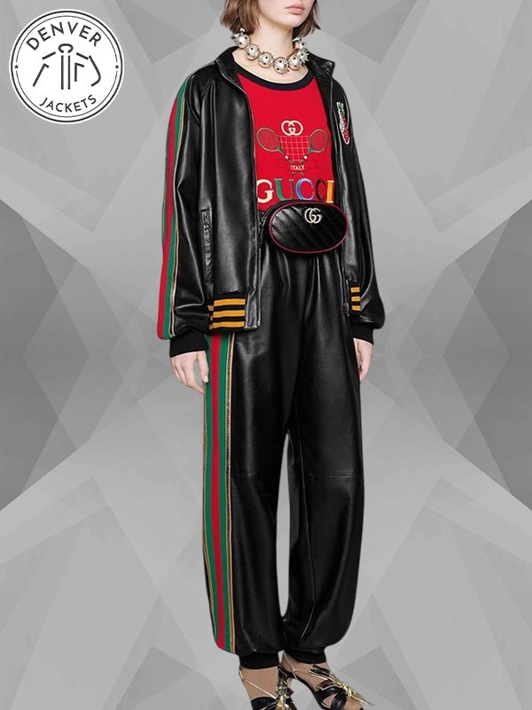 Gucci Strawberry Patch Leather Track Jacket Black
