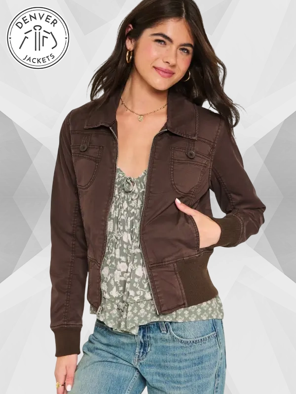 Hollister Brown Twill Zip-Up Jacket