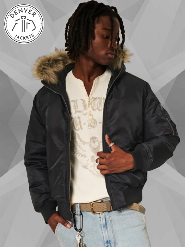 Hollister Faux Fur Trim Hooded Bomber Jacket