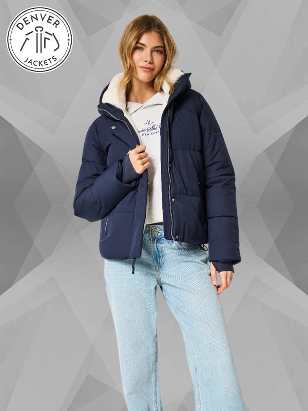 Hollister Faux Fur Lined All Weather Blue Puffer Jacket
