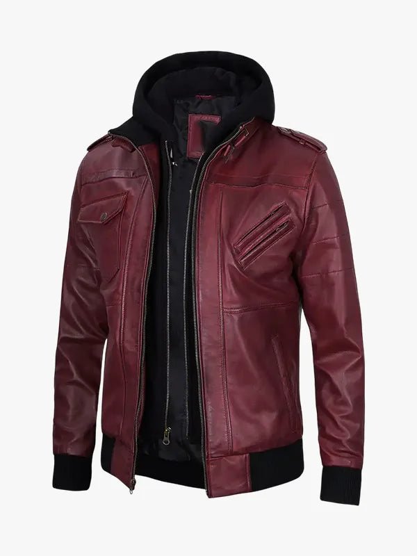 Hood in Burgundy Leather Jacket