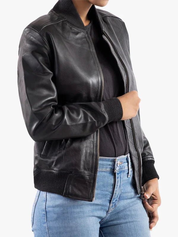 Jild Leather Genuine Leather Classic Baseball Black Bomber Style Jacket