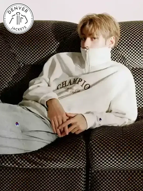 Kim Taehyung BTS V Champion Athletic Club Est. 1919 Off-White Half-Zip Pullover Jacket