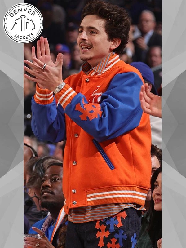 Knicks Game Timothee Chalamet chrome Hearts Varsity Jacket