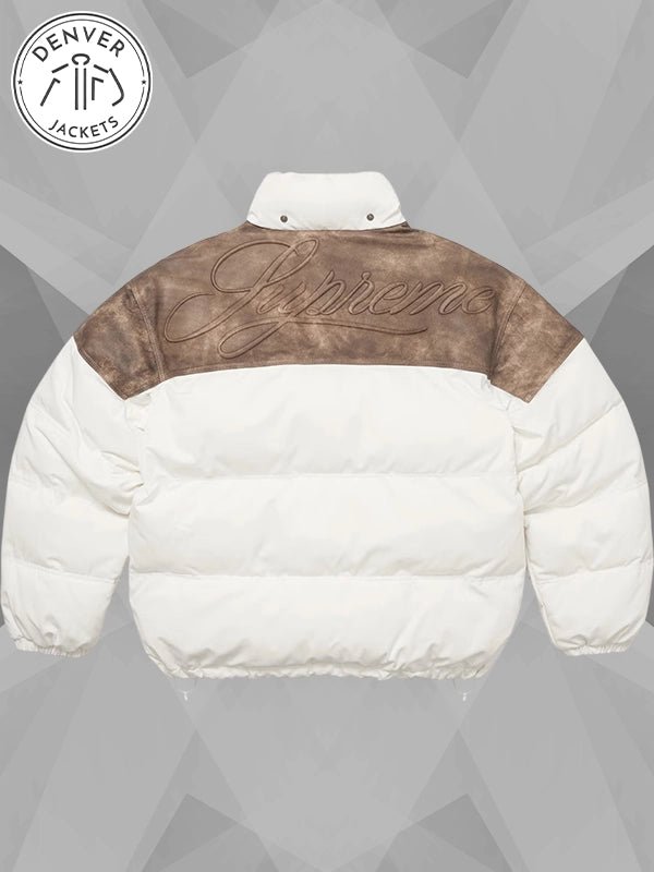 Leather Yoke White Supreme Puffer Jacket Womens