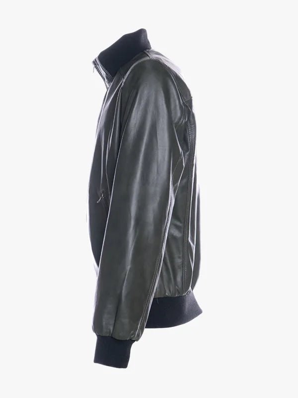 Men Leather Olive Bomber Jacket