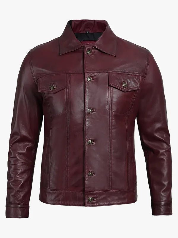 Men's Burgundy Lambskin Leather Trucker Jacket