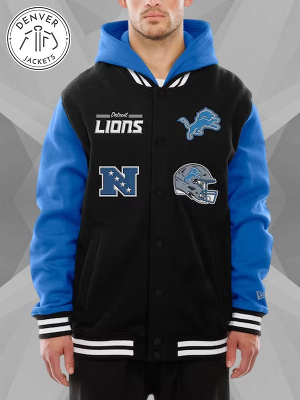Men s Detroit Lions New Era Black Full Snap Fleece Hoodie Jacket