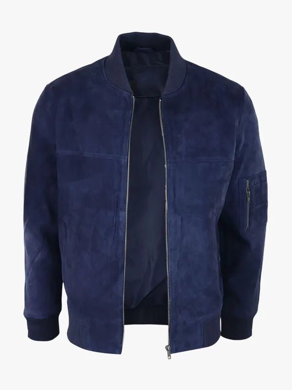 Mens Genuine Suede Bomber Jacket Leather Casual Varsity VIntage Smart Casual Navy