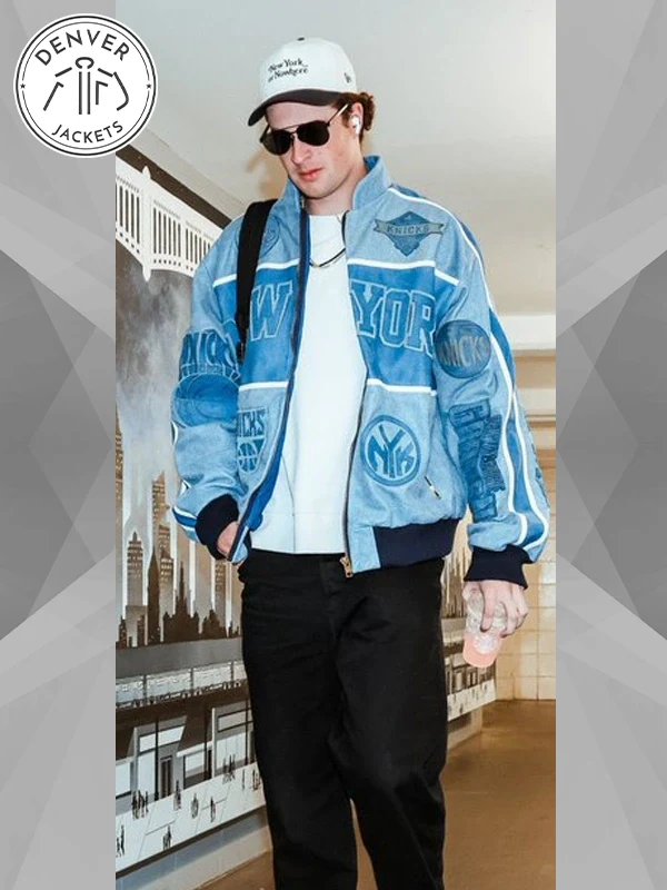NY Knicks Cam Schlittler Blue Leather Jacket