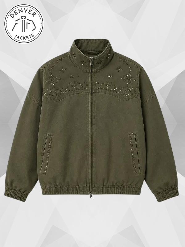Olive Green Studded Canvas Bomber Jacket