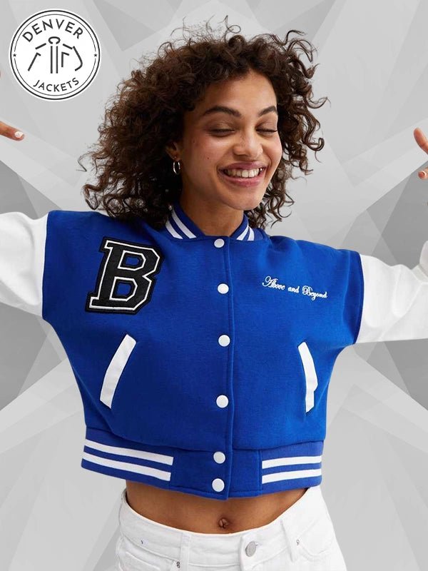 Pink Vanilla Crop Varsity Bomber Jacket Blue