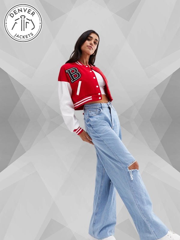 Pink Vanilla Crop Varsity Bomber Jacket Red