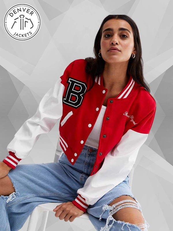 Pink Vanilla Red Crop Varsity Bomber Jacket