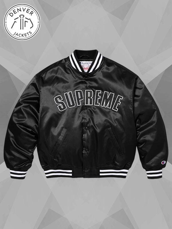 Supreme Black Champion Satin Varsity Jacket