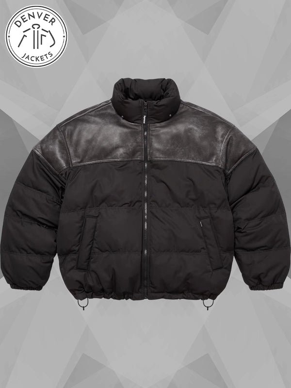 Supreme Leather Yoke Black Puffer Jacket