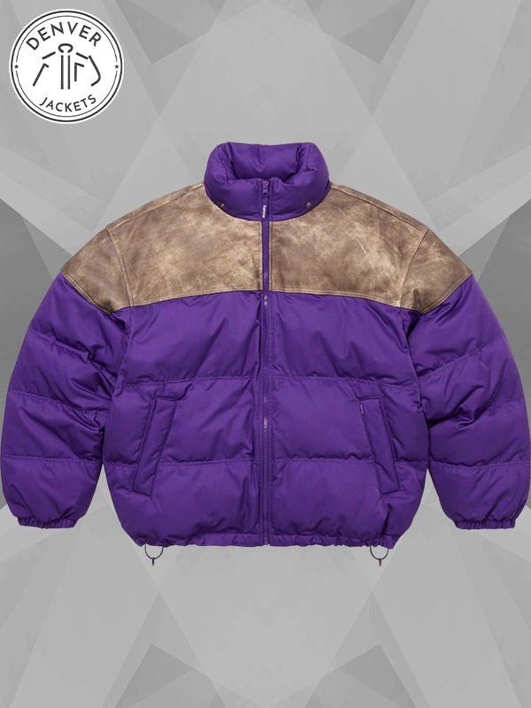 Supreme Leather Yoke Purple Puffer Jacket
