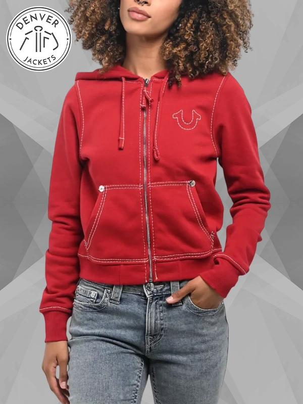 True Religion Big T Logo Red Zip Hoodie