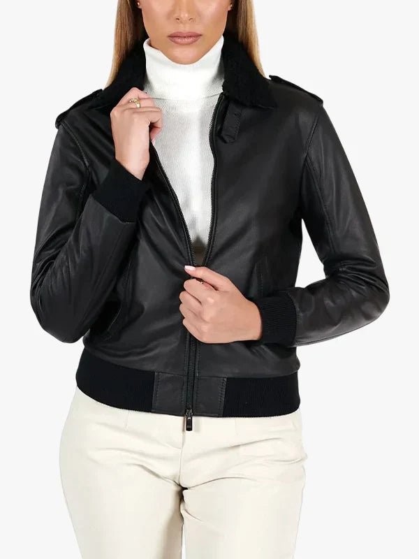 Women's Antea Lamb Black Leather Bomber Jacket