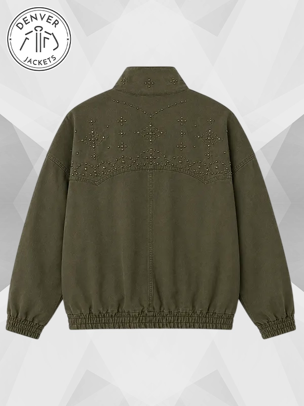 Women's Studded Canvas Bomber Jacket Olive Green